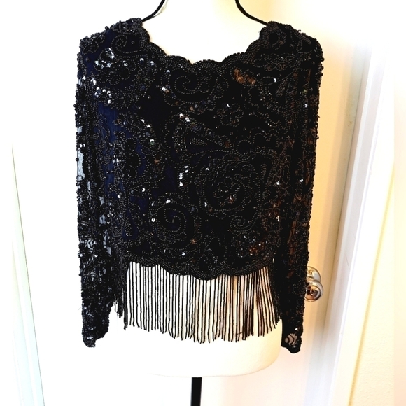 Vintage oleg Cassini black tie M back zipper heavily black beaded top - Picture 1 of 5